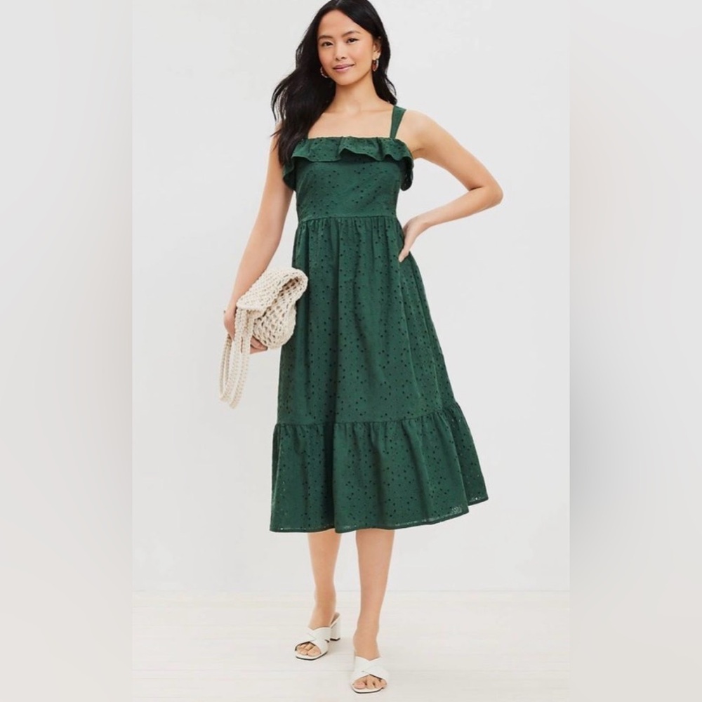 NWT Loft Eyelet Ruffle Square Neck Midi Dress Green Tiered Feminine Boho Size 14